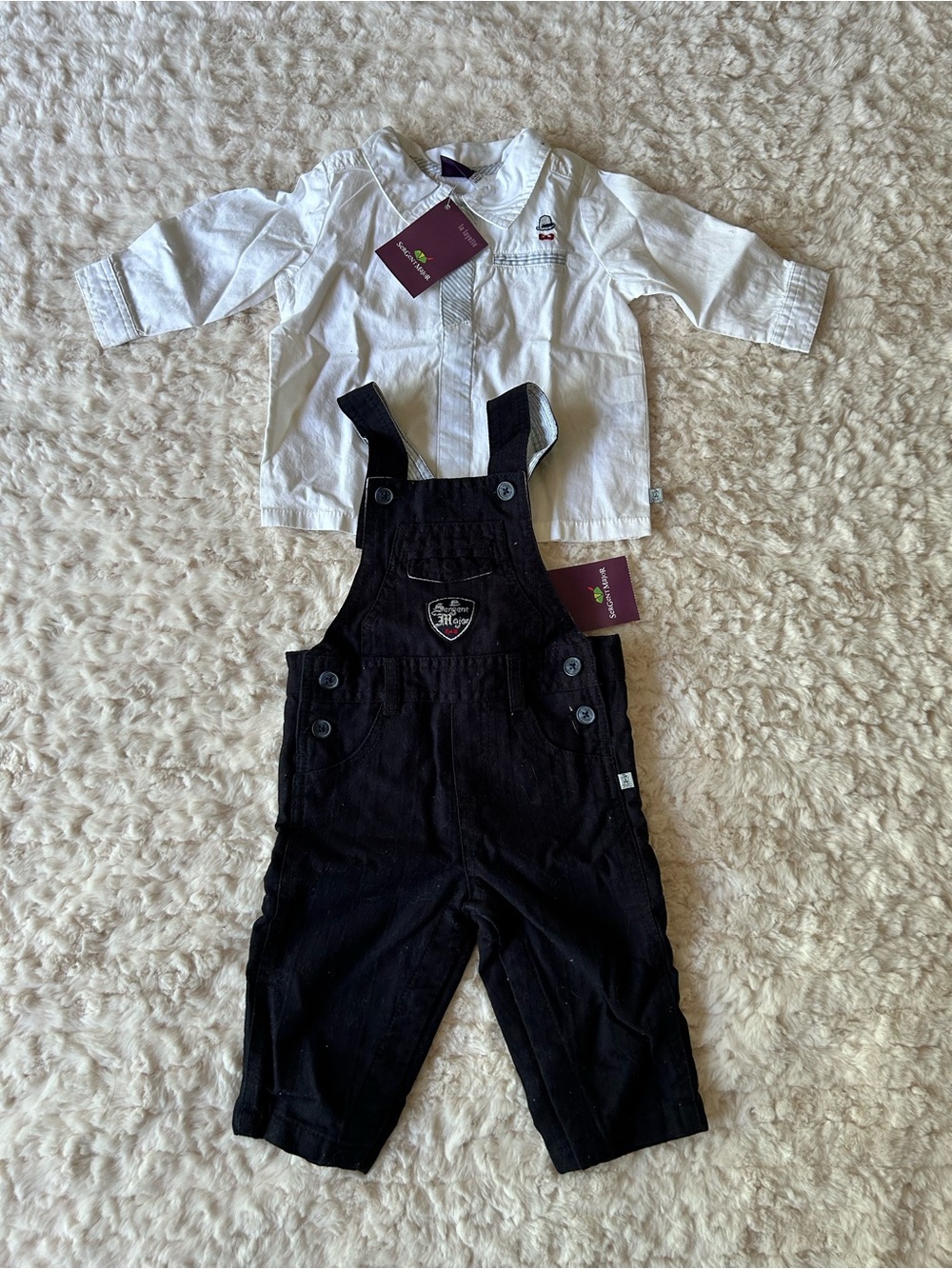 Baby Boys White Shirt & Black Overalls Set